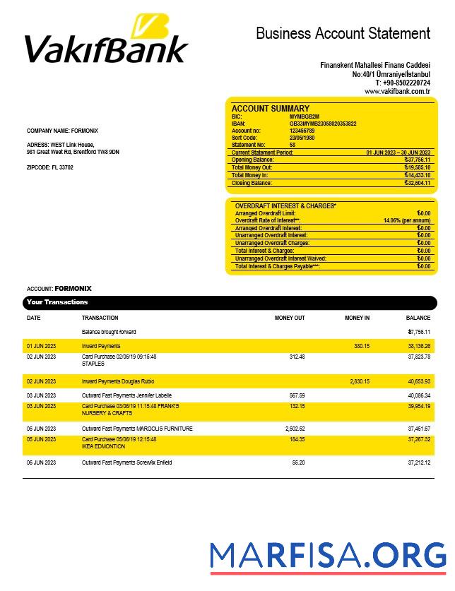 Printable Vakifbank company account statement Word and PDF template